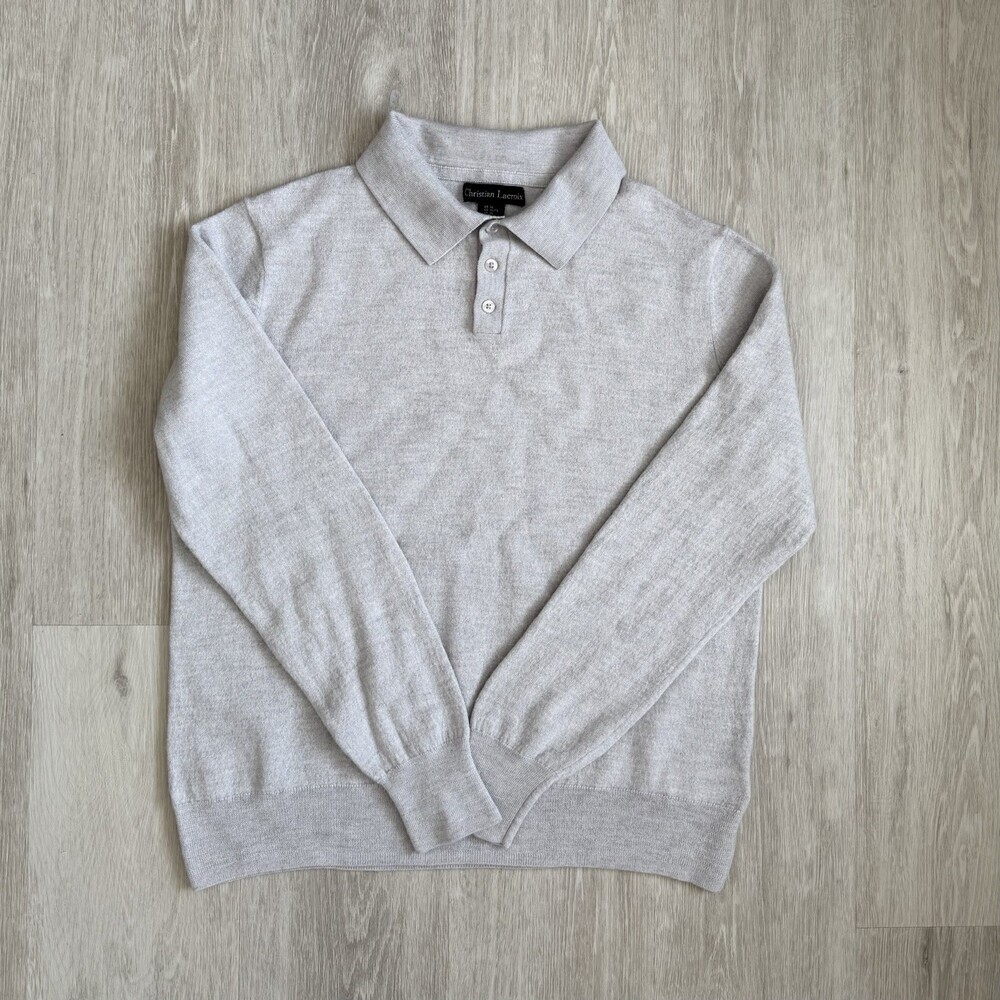 Christian Lacroix Merino Wool Polo Sweater Men's L Grey Long Sleeve Extra Fine